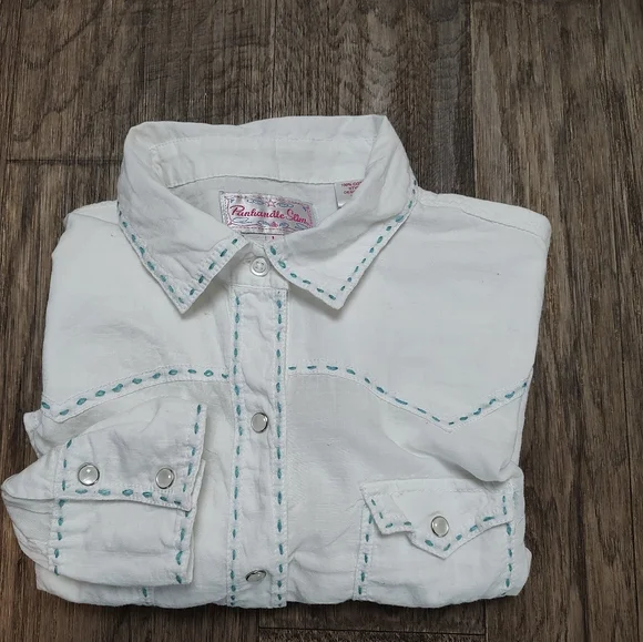 Panhandle Slim white with decorative stitches white pearl snap shirt Size L - Picture 2 of 16